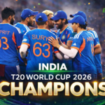India players celebrate after defeating New Zealand in the T20 World Cup 2026 final in Ahmedabad