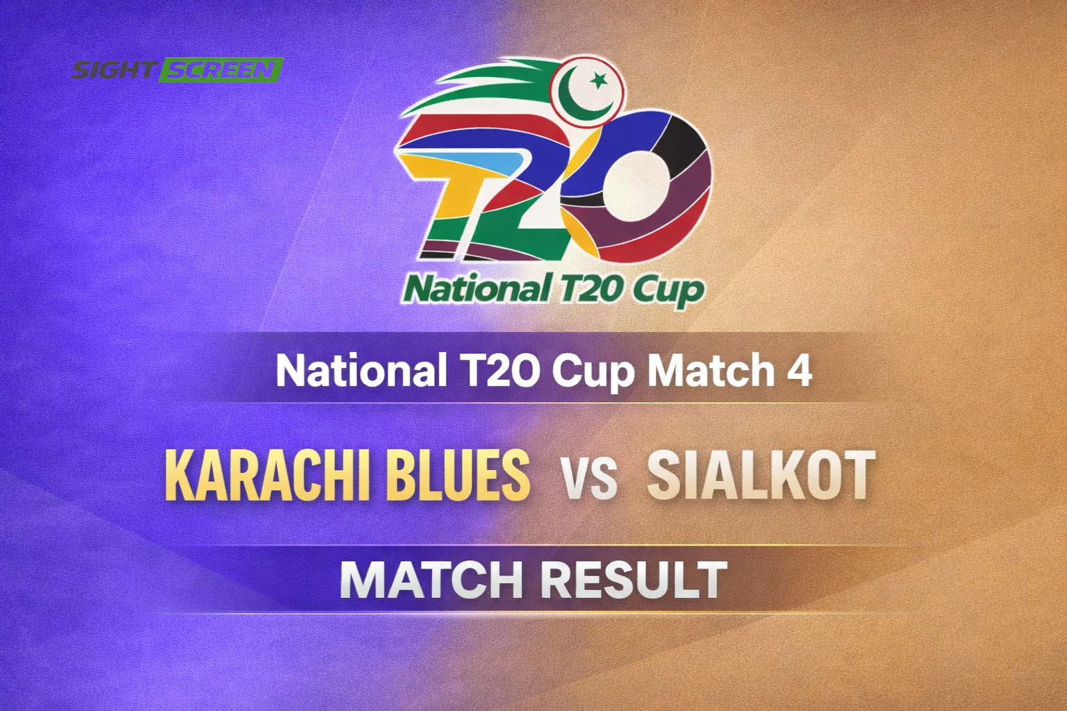 Karachi Blues defeated Sialkot Region by 40 runs in Match 4 of the National T20 Cup 2026 in Peshawar.