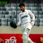Azan Awais celebrates his maiden Test century during the first Test between Pakistan and Bangladesh in Mirpur.
