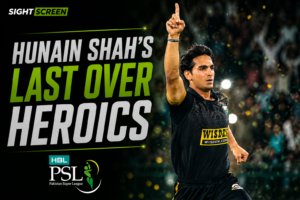 Hunain Shah celebrates after defending final over in PSL 2026 Eliminator